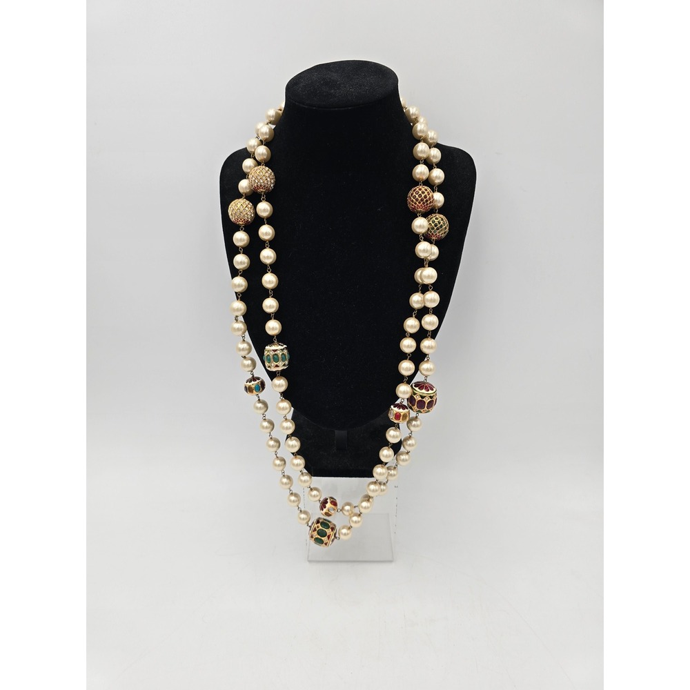 Vintage 66" Ultra Long faux Pearl Rope Necklace Enamel Meenakari Bead Rhinestone